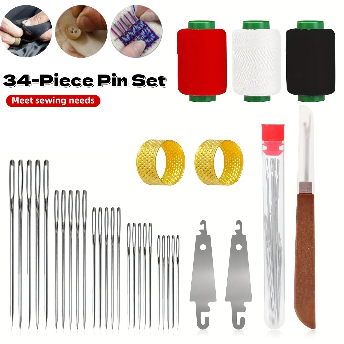 34PCS Hand Sewing Tool Set – Large Eye Stainless Steel Needles with Threaders for DIY Clothing Repair, Embroidery & Craft Supplies
