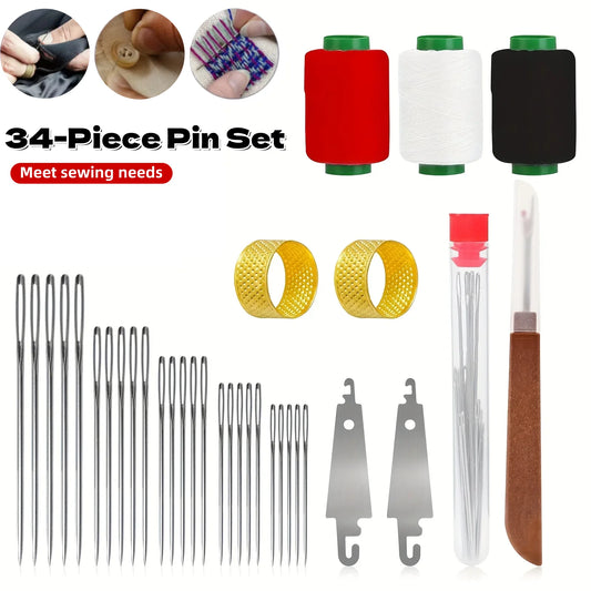 34PCS Hand Sewing Tool Set – Large Eye Stainless Steel Needles with Threaders for DIY Clothing Repair, Embroidery & Craft Supplies