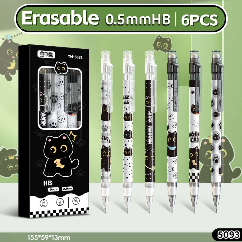 6-Piece Cute Cat Mechanical Pencil Set - 0.5mm Writing and Drawing Pencils for School, Office and Everyday Use