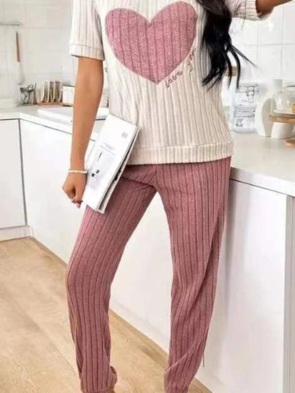 Women’s Heart Print Pajama Set – Short Sleeve Top & Pants Two-Piece Loungewear