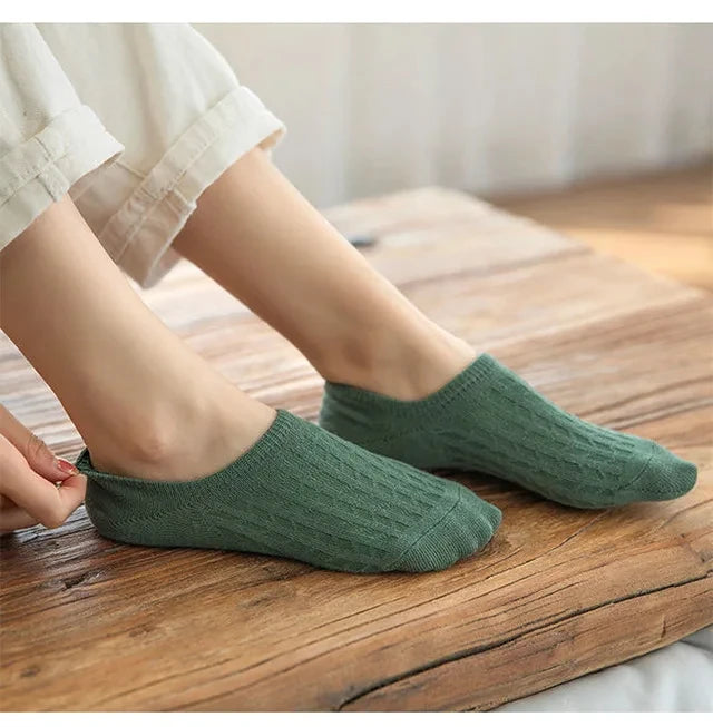 5 Pairs Women's Silicone Invisible Boat Socks - Summer Solid Color Ankle Socks, Soft Cotton Slipper, Size 35-40 EUR