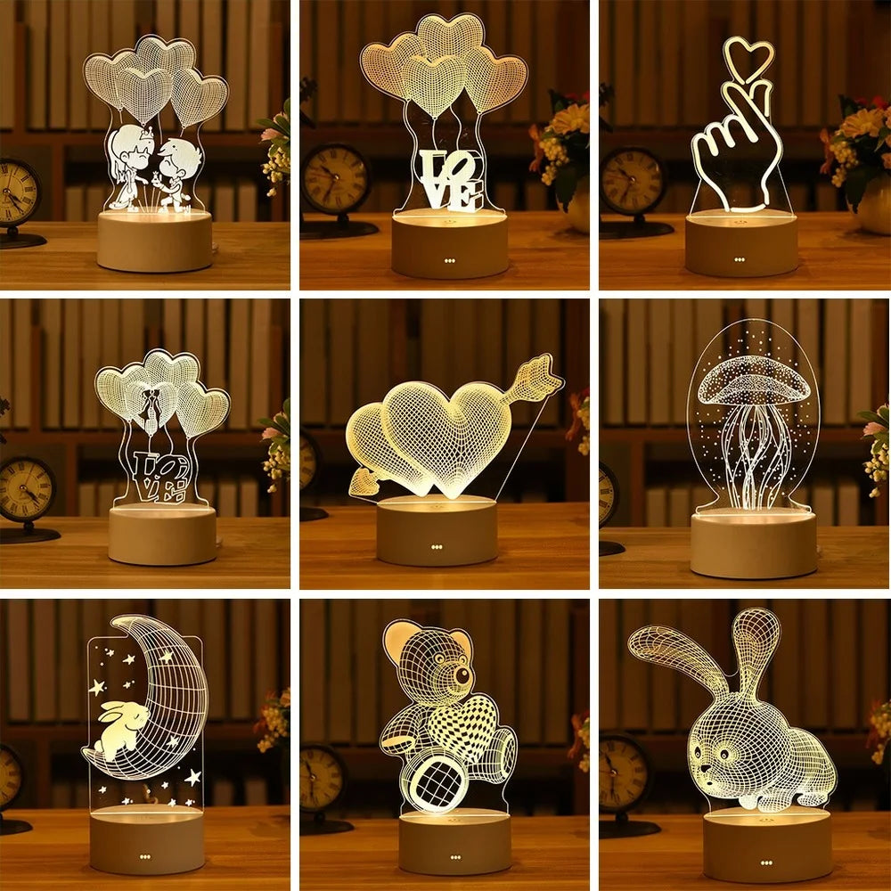 2024 Valentine's Day 3D Love Lamp: Acrylic Bear and Rose LED Night Light, Perfect Gift for Kids' Birthdays, Rabbit Easter Decor, and Wedding Decoration