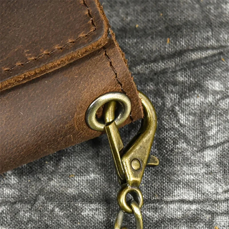 Men's Genuine Leather Short Wallet with Chain – Zipper Clutch, Trifold Purse, Card Holder & Coin Purse for Men