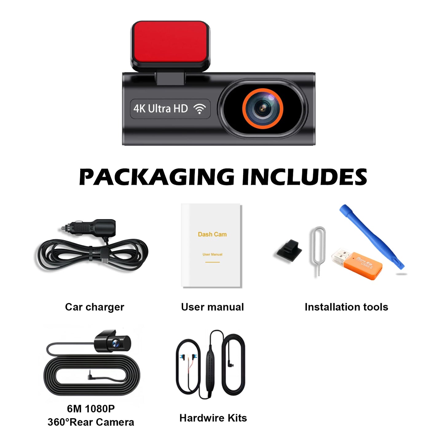 Aprilboy K6 4K WIFI Dash Cam - Front & Rear Dual Lens, 1080P Night Vision, Parking Monitor, Mini Car DVR