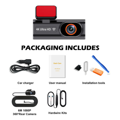 Aprilboy K6 4K WIFI Dash Cam - Front & Rear Dual Lens, 1080P Night Vision, Parking Monitor, Mini Car DVR