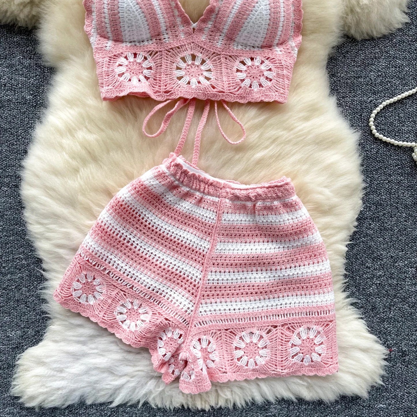 SINGREINY Women's Beach Knit 2-Piece Set – Halter Lace-Up Camis & Elastic Waist Shorts, Hollow Hook Flower Design