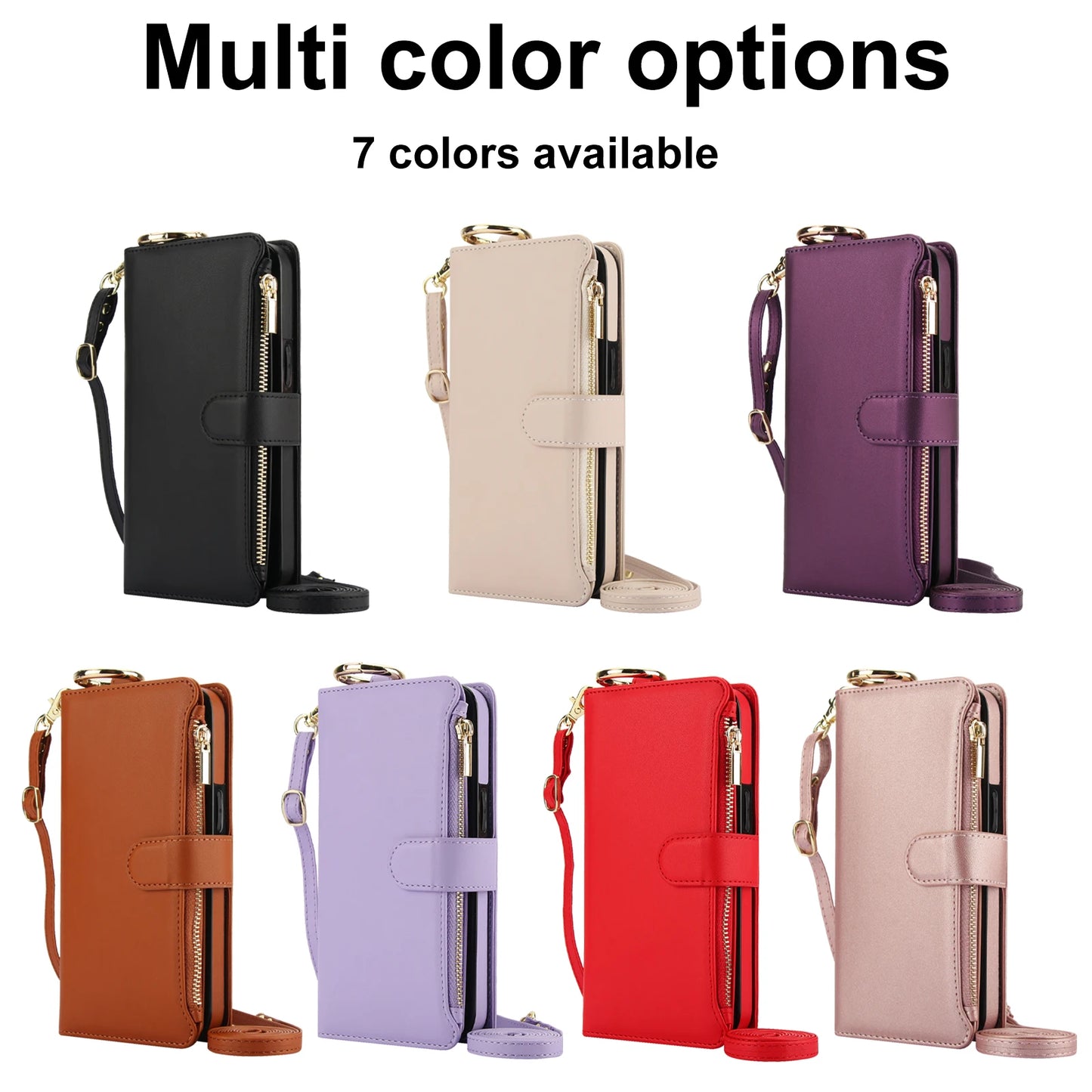 Crossbody Leather Wallet Case with Card Slots, Zipper & Kickstand for Samsung Galaxy Z Fold 3/4/5/6 – Wristband & Ring Holder