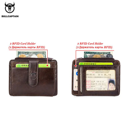 BULLCAPTAIN Genuine Leather RFID Zipper Card Holder – Slim Mini Wallet for Credit Cards & ID, Men’s Business Wallet