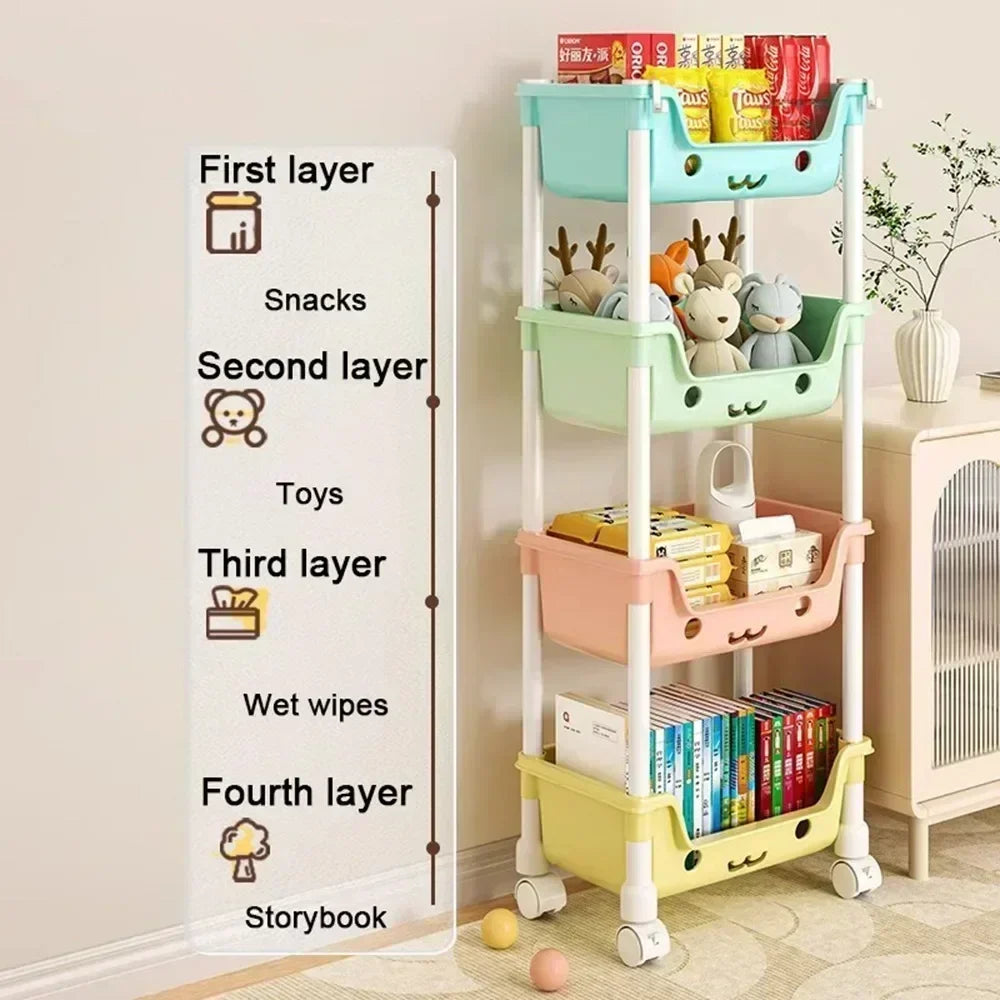 4 Layer Toy Storage Trolley & Bookshelf - Kids Organizer, Snack Rack, Bathroom & Kitchen Storage