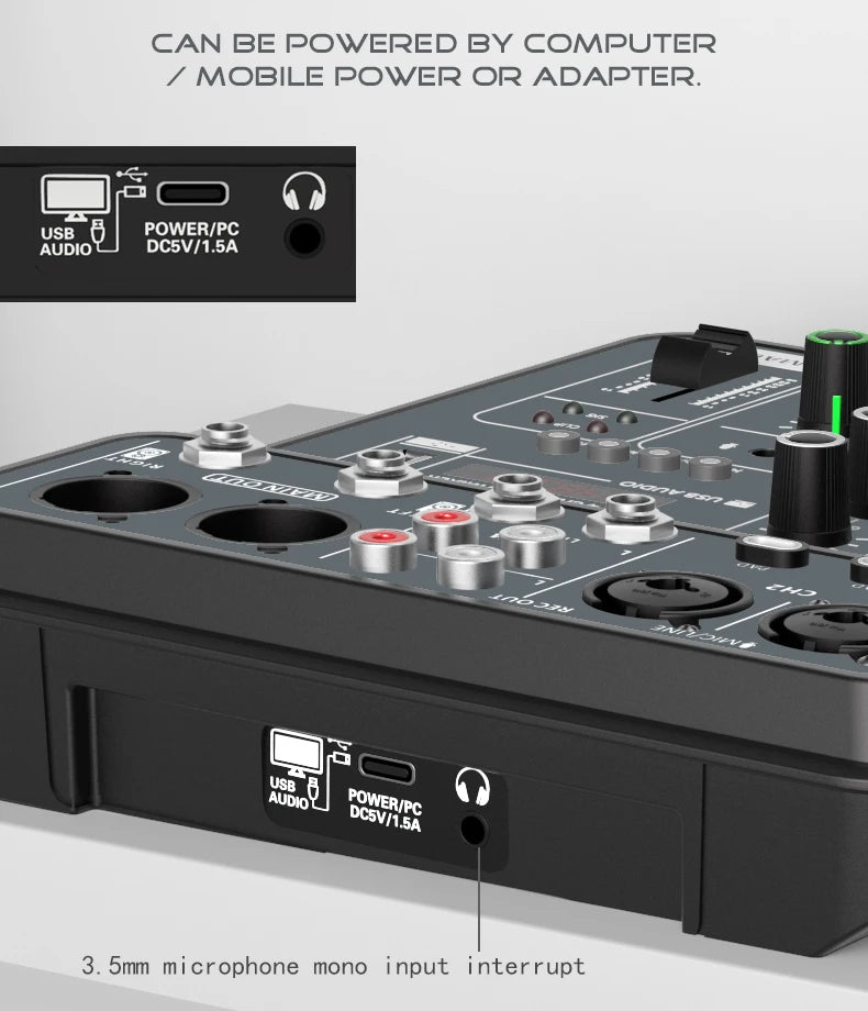 4-Channel Audio Mixer — USB Studio Mixer with 48V Phantom Power & Bluetooth for DJ & Karaoke