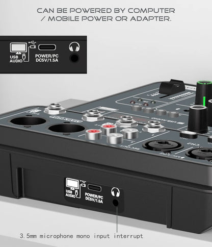 4-Channel Audio Mixer — USB Studio Mixer with 48V Phantom Power & Bluetooth for DJ & Karaoke