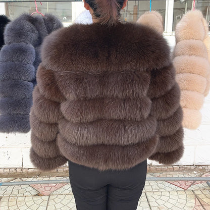 QUEENTINA Women’s Real Fox Fur Coat – Brown Leather & Skin Winter Fashion Outerwear 2025