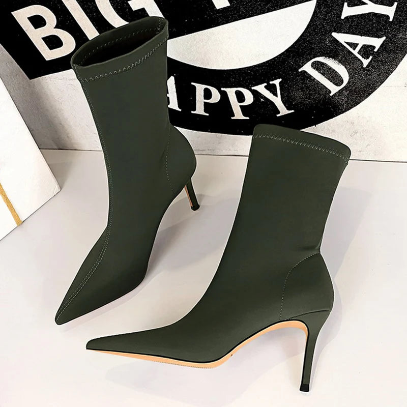 Women’s Satin Sock Ankle Boots - 7.5cm & 10cm High Heels Pointed Toe Winter Fashion Boots