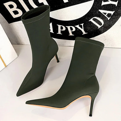 Women’s Satin Sock Ankle Boots - 7.5cm & 10cm High Heels Pointed Toe Winter Fashion Boots