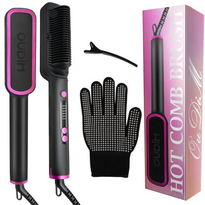 OUDIM Hair Straightener Brush – Ionic Flat Iron with 6 Temperature Settings, Anti-Scald Hair Styling Tool for Women