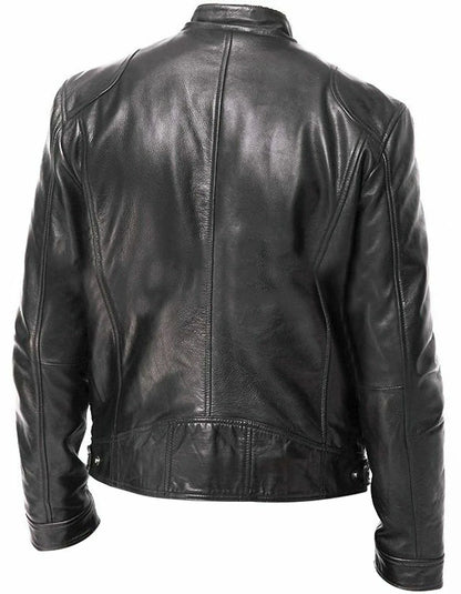 Men’s Slim Fit Motorcycle Leather Jacket – Short Lapel PU Zipper Windproof Coat for Autumn