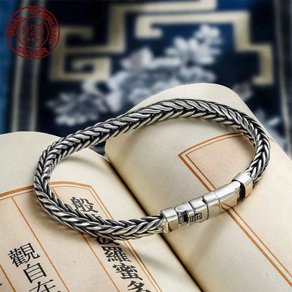 100% S925 Sterling Silver Handmade Woven Bracelet — Retro Domineering Style for Men & Women, Pure Silver Jewelry