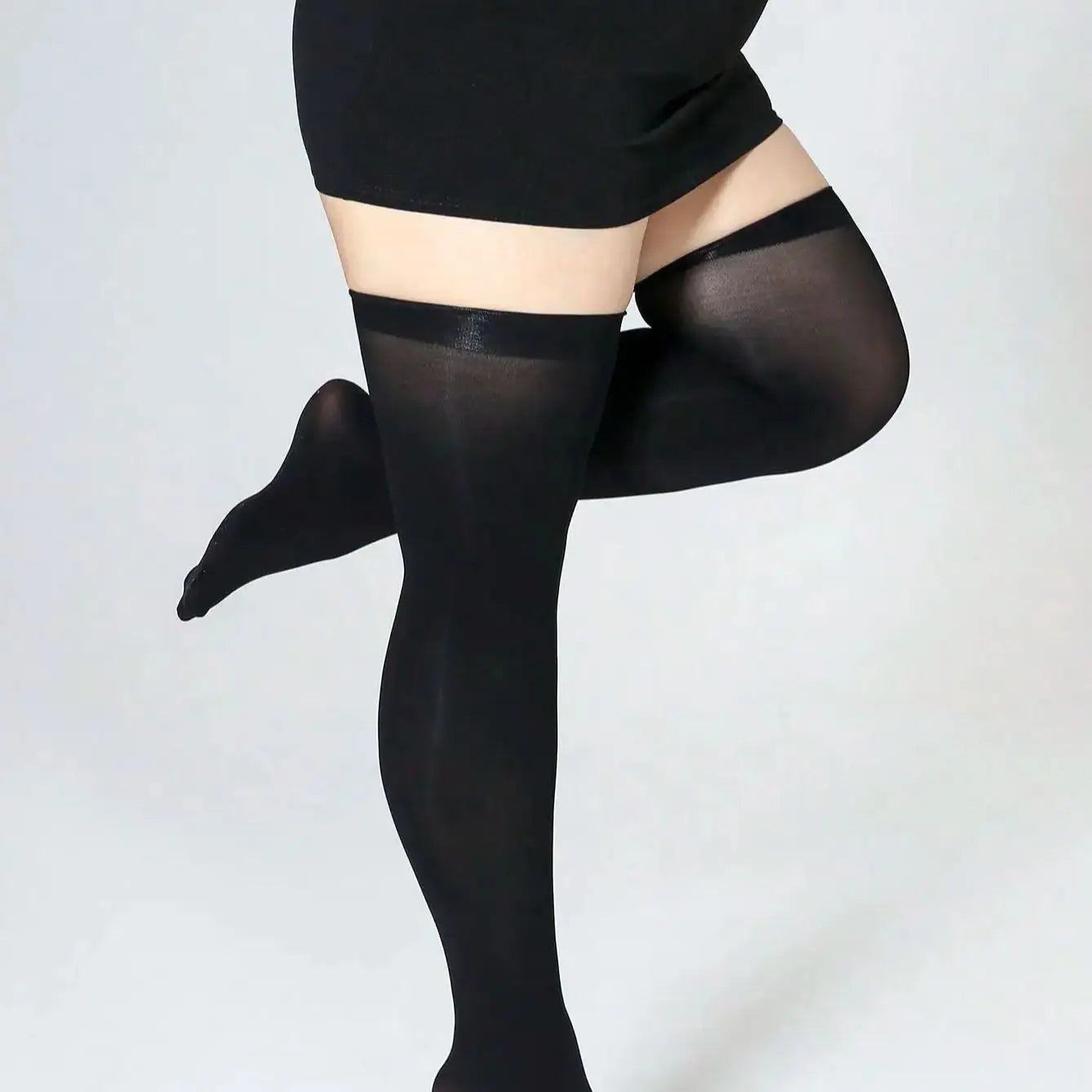Plus Size Women's Thigh-High Socks - Breathable Sheer Black Stockings for Everyday Wear