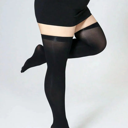 Plus Size Women's Thigh-High Socks - Breathable Sheer Black Stockings for Everyday Wear