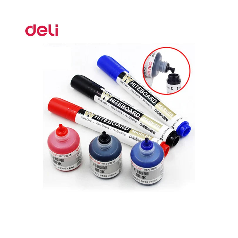 Deli Erasable Whiteboard Marker Pen Set – Dry Erase Office Marker with Ink Bottle, Blue/Black/Red for Whiteboard & Blackboard