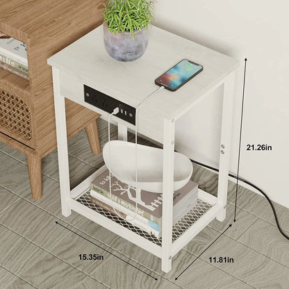 Set of 2 Nightstands with Charging Station - Bedside Tables with USB Ports and Outlets, 2-Tier End Table with Storage Shelf