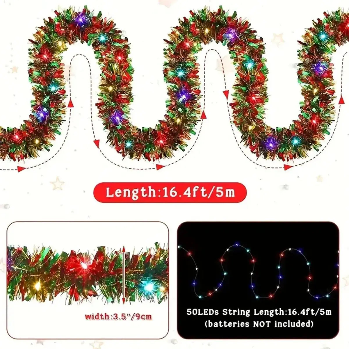 Christmas Tinsel Garland with LED Lights – Shiny Thick Garland for Tree & Home Decor