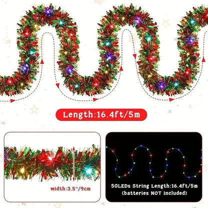 Christmas Tinsel Garland with LED Lights – Shiny Thick Garland for Tree & Home Decor