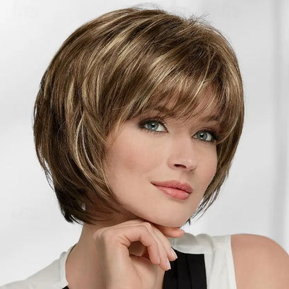 HAIRJOY Short Straight Synthetic Wig for White Women – Mixed Brown Wig with Bangs, Natural-Looking Short Hair