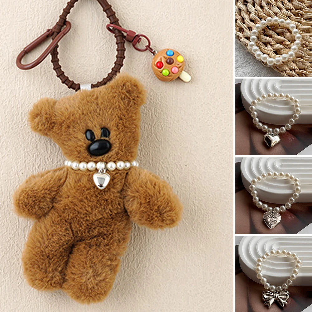 17cm Labubu Macaron Sitting Party Ornament — DIY Cute Plush Pendant with Pearl Necklace & Alloy Chain Accessory