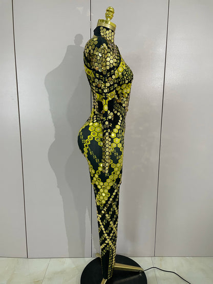 Sexy Shiny Silver Sequin & Black Spandex Jumpsuit — 2025 Women’s Prom, Dancer & Stage Performance Costume
