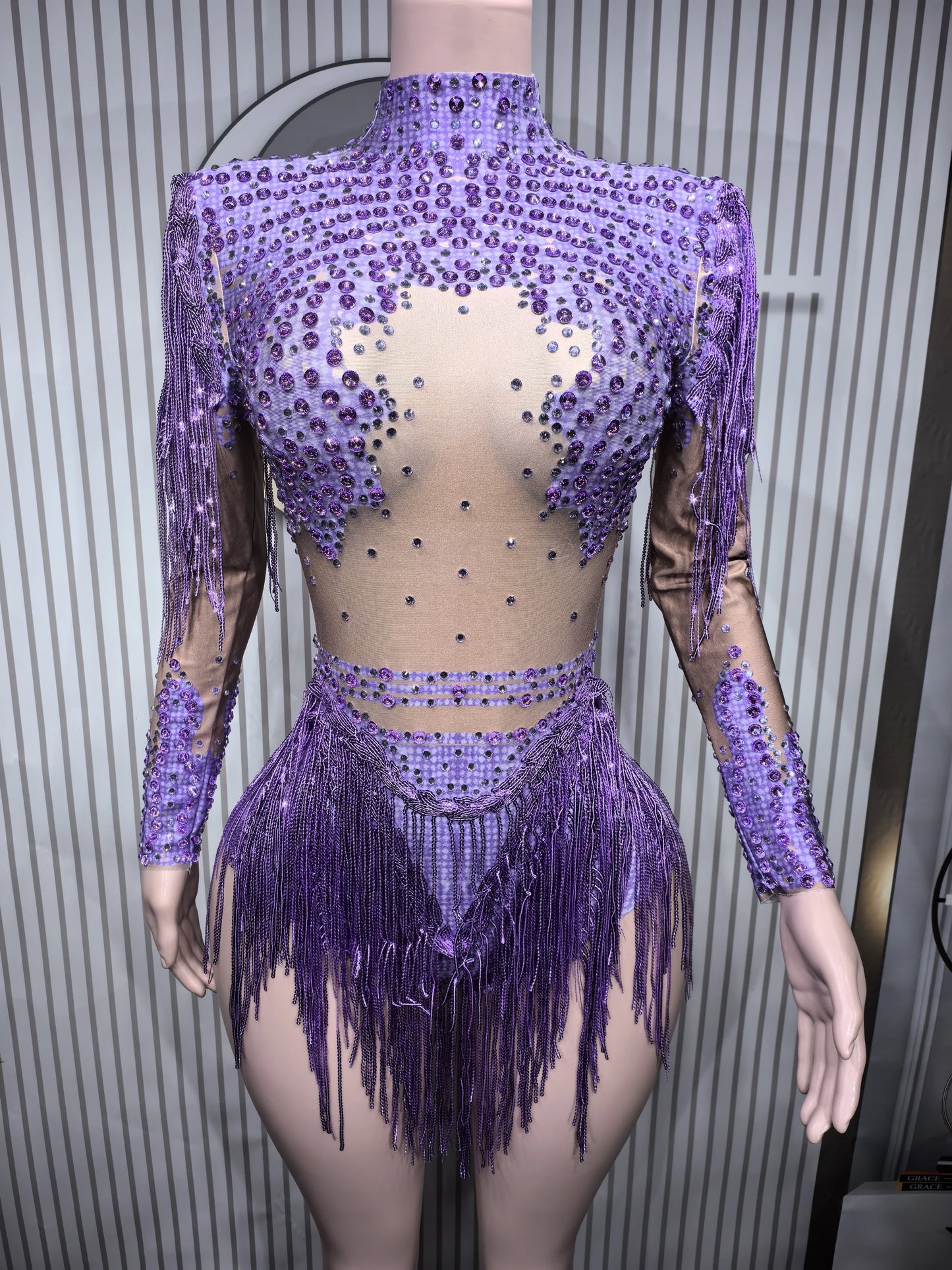 Sparkly Blue Rhinestone Leotard - One-Shoulder Fringe Bodysuit for Dance, Stage & Performance