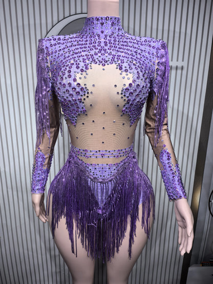 Sparkly Blue Rhinestone Leotard - One-Shoulder Fringe Bodysuit for Dance, Stage & Performance
