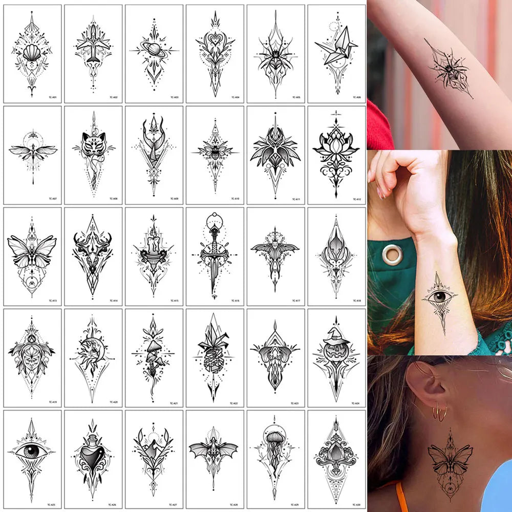 30pcs Black Temporary Tattoo Stickers - Flower Butterfly Rose Moon Star Mandala Designs for Hand, Chest & Body Art