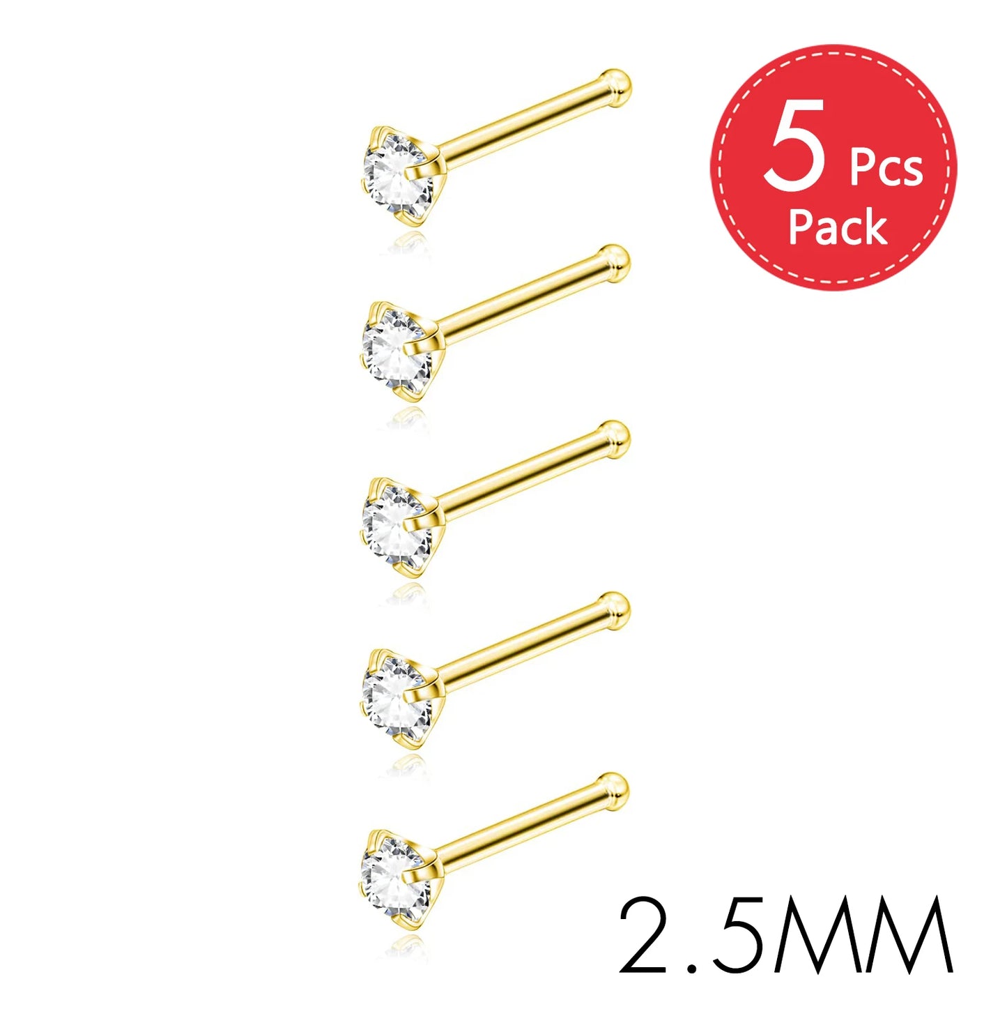 5PCS Stainless Steel Nose Ring Studs — Crystal Nostril Piercing Jewelry for Women & Girls, 1.5/2.0/2.5/3.0mm, 20G