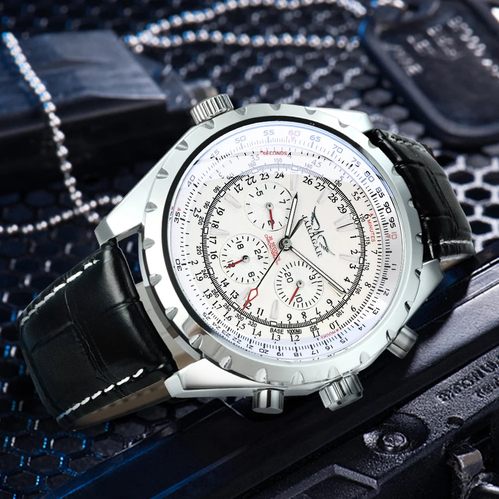 JARAGAR Pilot Mechanical Watch for Men – Multifunctional Small Dials, Leather & Steel Strap, Sports Military Automatic Watch