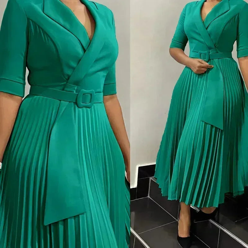 Dashiki African Dresses for Women - Elegant V-Neck Pleated Half-Sleeve Ankara Dress