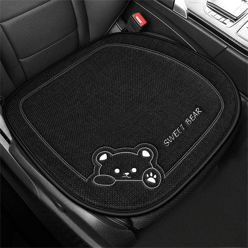 Universal Cartoon Bear Linen Car Seat Cushion - Cute, Breathable, Anti-Slip Seat Protector for Women and Everyday Driving