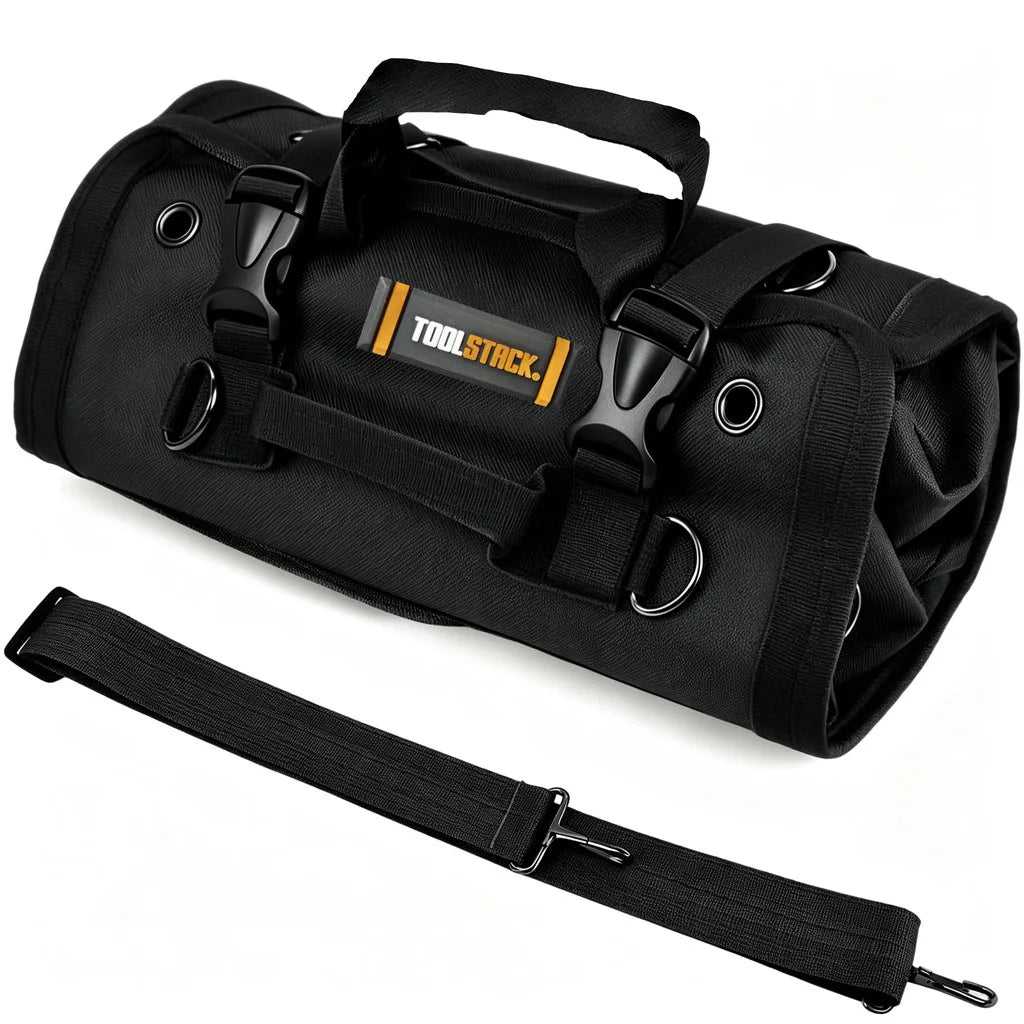 Toolstack Roll-Up Canvas Tool Bag - 4-Zipper Pocket Organizer with Hanging Strap for Hand Tools