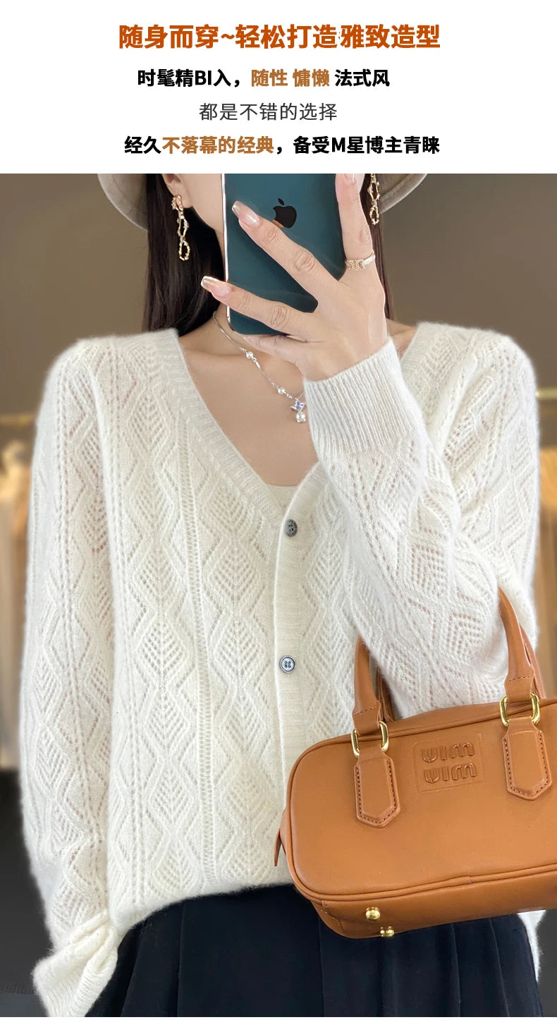 Women's 100% Wool Cashmere Cardigan – V-Neck, Super Soft, Loose Fit, Long Sleeve Knit Sweater