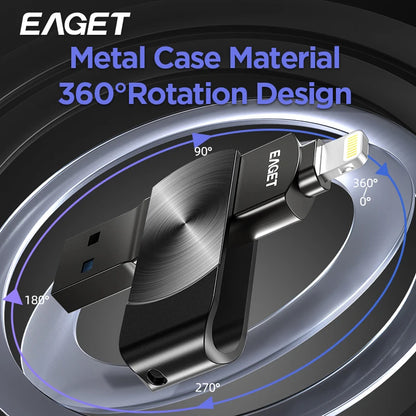 Eaget MFi USB Flash Drive - Lightning to USB 3.2 Memory Stick 64GB 128GB 256GB 1TB for iPhone iPad PC & Laptop