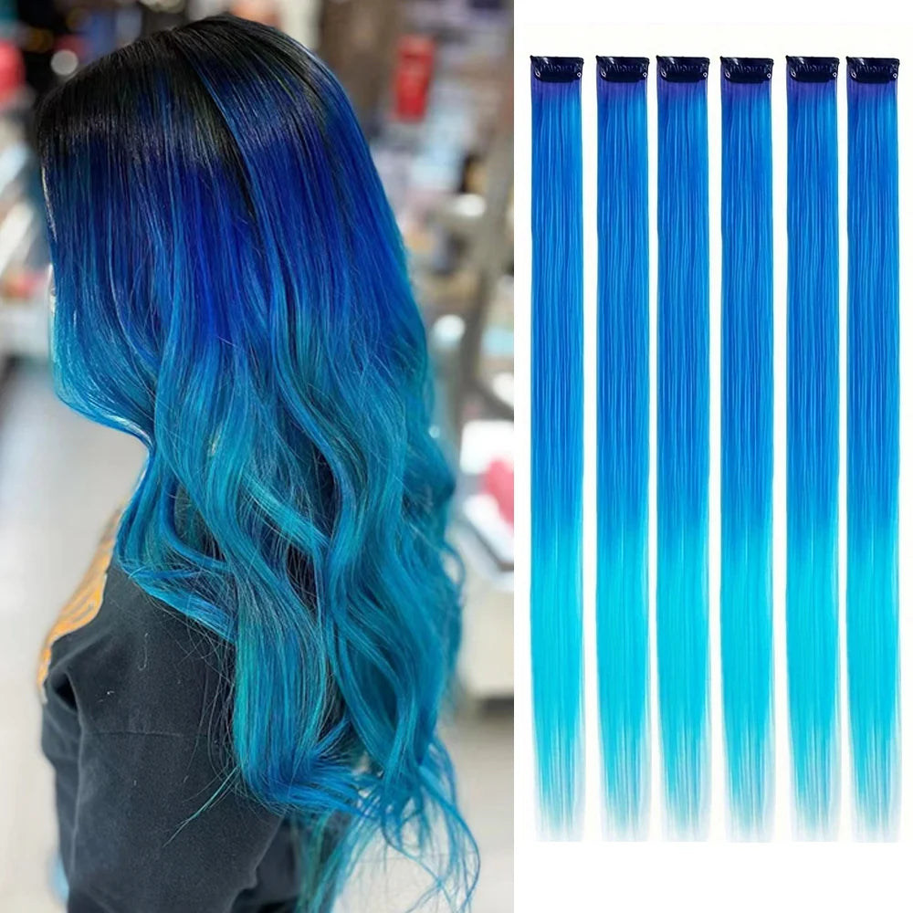 22-Inch Colored Clip-In Hair Extensions – 6pcs Straight Synthetic Party Highlight Hairpieces