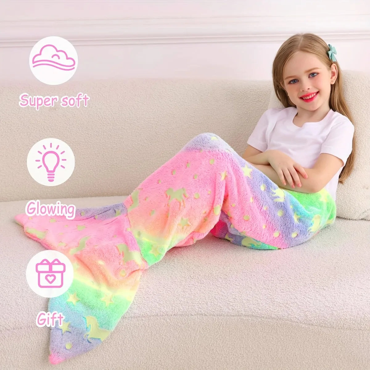 Cartoon Rainbow Unicorn Mermaid Tail Blanket — Super Soft Glow-in-the-Dark Flannel Blanket, Perfect Gift for Girls