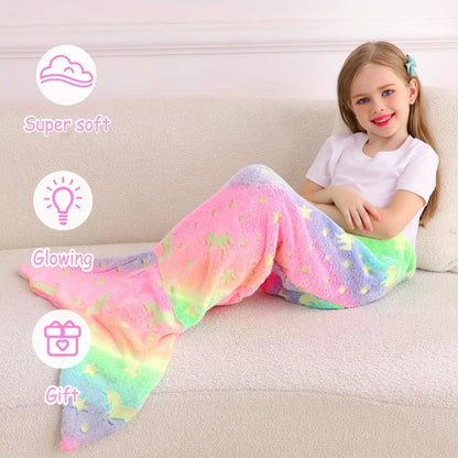 Cartoon Rainbow Unicorn Mermaid Tail Blanket — Super Soft Glow-in-the-Dark Flannel Blanket, Perfect Gift for Girls
