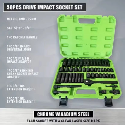 50PCS 3/8 Inch Pneumatic Socket Set - Metric Long & Short Sleeves for Auto Repair, Machinery & Hardware Tools