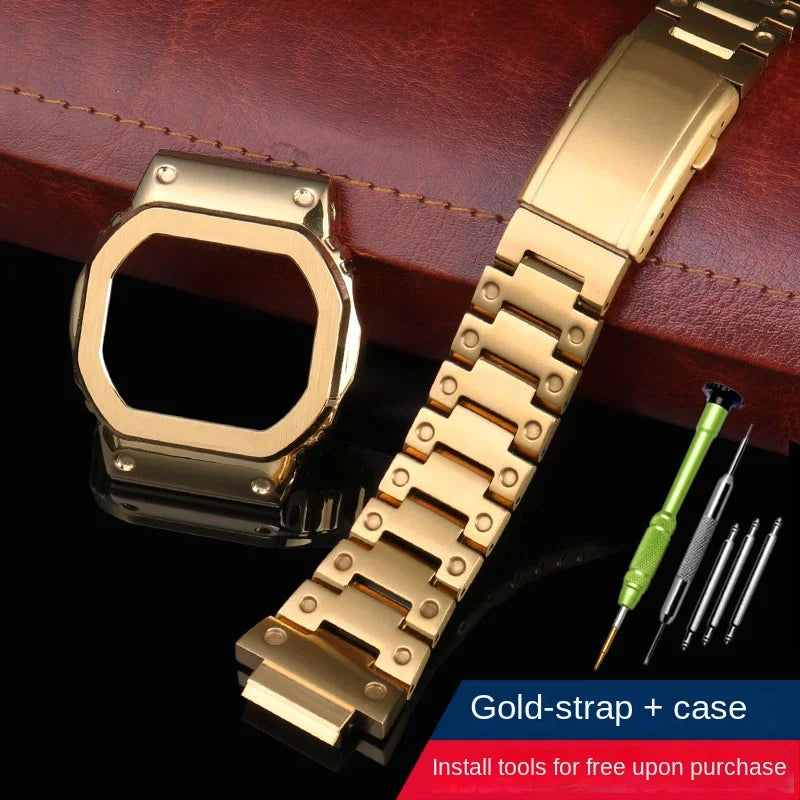 Stainless Steel Metal Case & Strap for Casio G-SHOCK DW5600, GW-M5610, 5000 & GW-B5600 – Gold & Black Modified Watchband