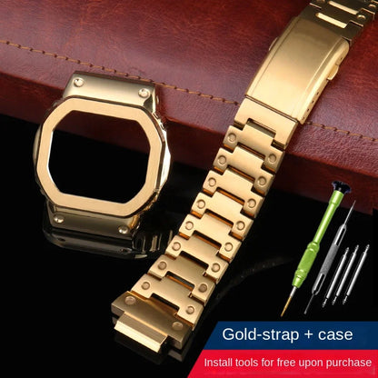 Stainless Steel Metal Case & Strap for Casio G-SHOCK DW5600, GW-M5610, 5000 & GW-B5600 – Gold & Black Modified Watchband