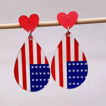American Flag Drop Dangle Earrings - Patriotic 4th of July Teardrop Tassel Rhinestone Jewelry for Women