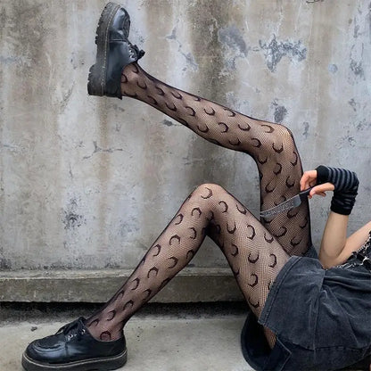 Women’s Gothic Bat Fishnet Stockings - Harajuku Emo Mesh Thigh High Tights with Sexy Alternative Lingerie Style