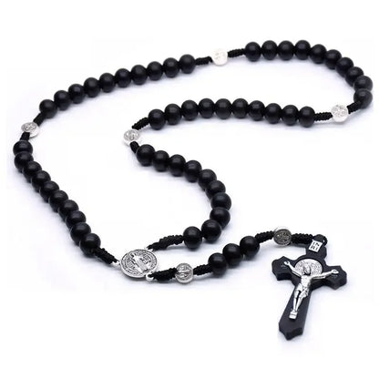 Antique Black Wooden Rosary Car Pendant – Jesus Saint Benedict Cross Beaded Hanging Religious Jewelry for Men & Women