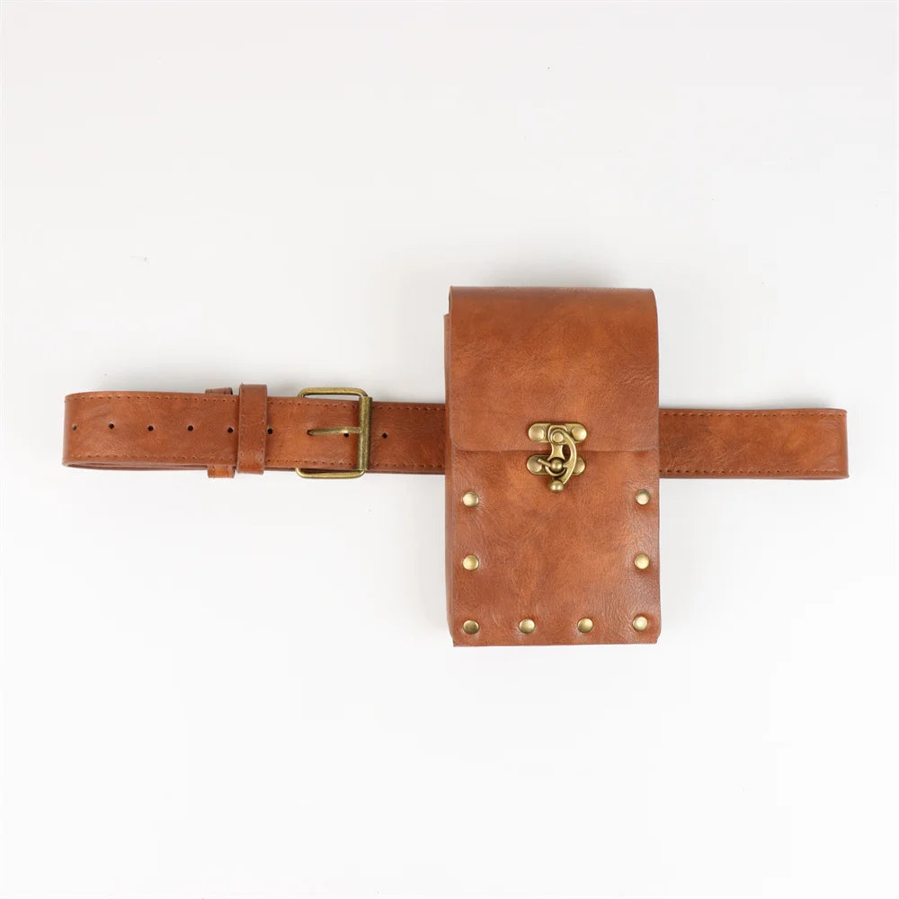 4PCS Medieval Cosplay Leather Belt Set – Copper Coin Waist Bag, Renaissance & Steam Role Playing Halloween Costume Accessories